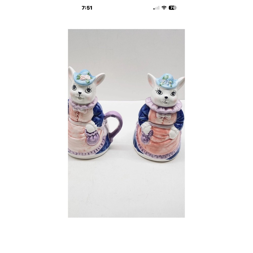 Vintage Style Ceramic Rabbit Bunny Lady Creamer and Sugar Bowl Set Pink Blue